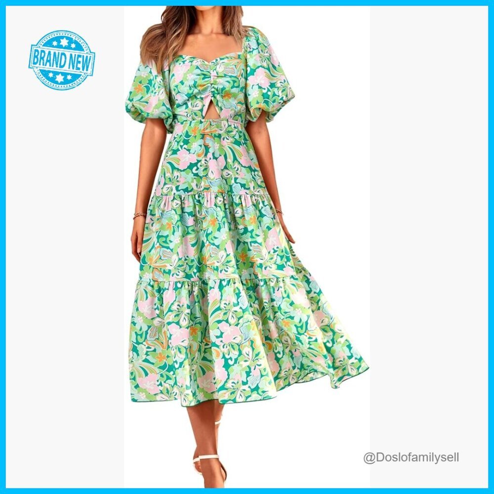 Boho Maxi Dress Flowy Tiered Ruffle Hem Smocked Back Square Neck Casual - Picture 1 of 7